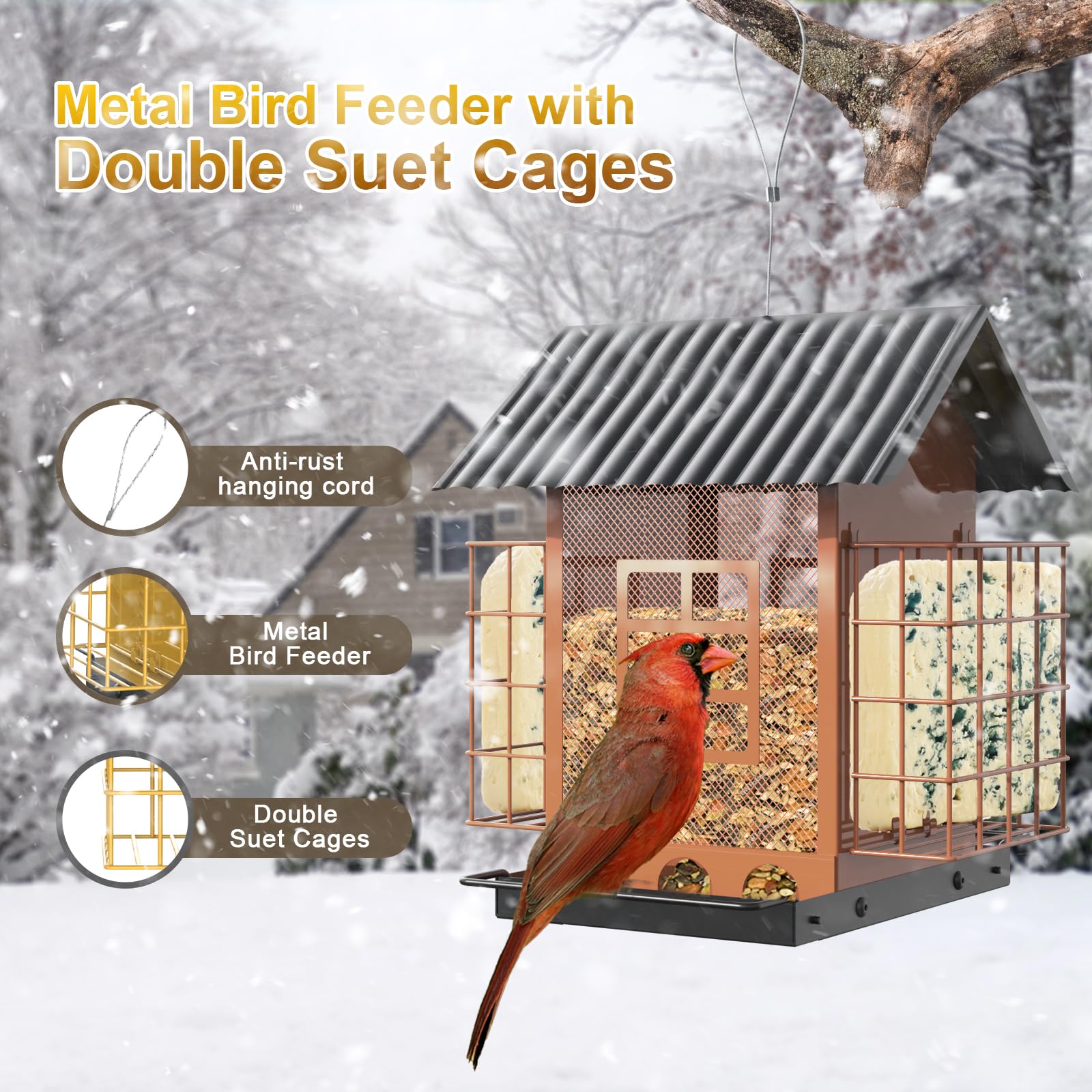 FlowaFoli Comederos para pájaros para Colgar al Aire Libre, comedero de Metal para pájaros con Doble Jaula de sebo, Gran Capacidad, comederos para pájaros Resistentes y Resistentes a la Intemperie