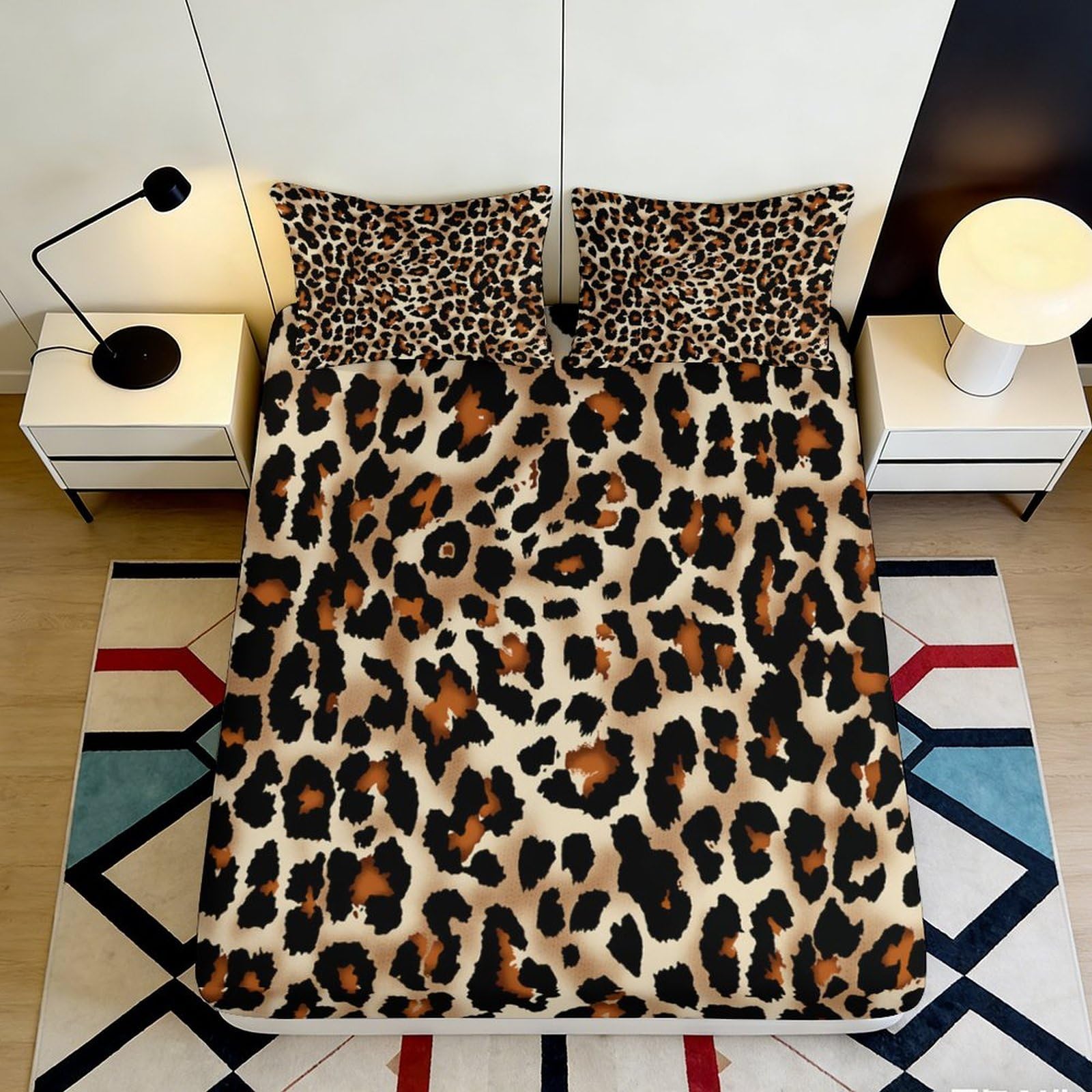 3D Printed Leopard Print Fitted Sheet Microfiber Soft Durable Animal Pattern Bed Cover for Bedroom Dormitory Guest Room Mattress Protection 160x200x25cm