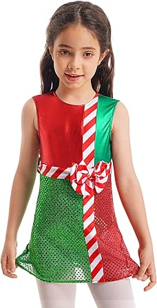 Kids Girls Christmas Santa Elf Outfits Sequins Candy Cane Striped Bowknot Leotard Dance Tutu Dress Dancewear