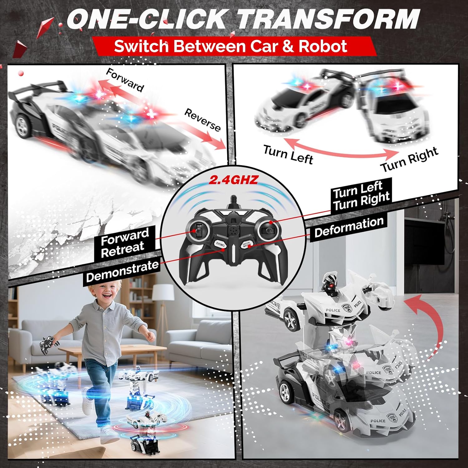 2.4G Remote Control Transformer Car, Rechargeable RC Police Car Toy with Flashing Lights, Convertible Robot & Vehicle, Gift for Kids,Police Transformer Cars for Boys 4-6 7 8-12 (Black/White) - Image 5