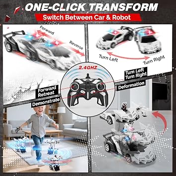 2.4G Remote Control Transformer Car, Rechargeable RC Police Car Toy with Flashing Lights, Convertible Robot & Vehicle, Gift for Kids,Police Transformer Cars for Boys 4 5 6 7 8 9 10 11 12 (Black/White)