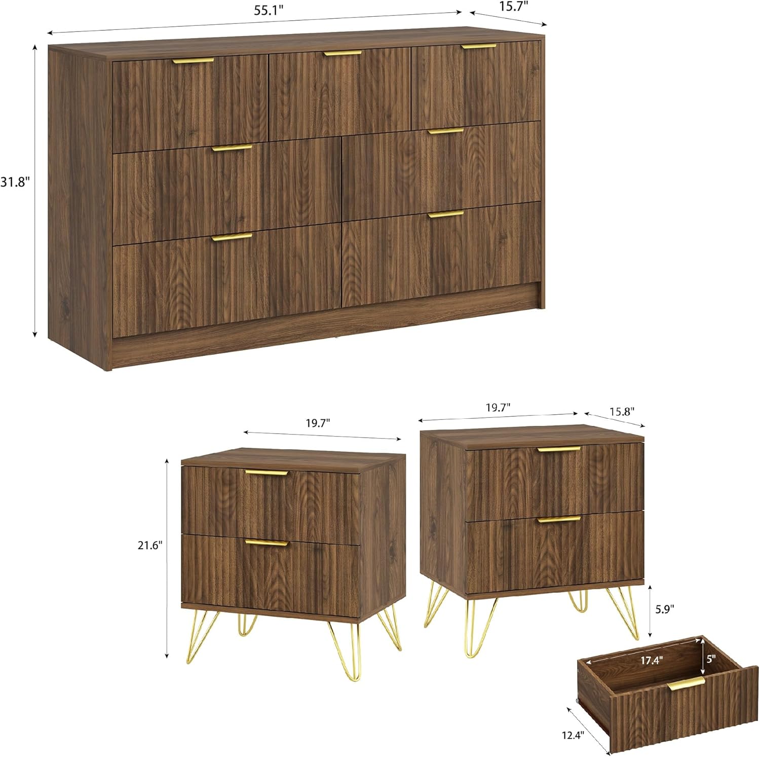 7 Drawer Dresser and Nightstand Sets for Bedroom, 3 Pcs Bedroom Set,Night Stand Set of 2 & 7 Drawer Dresser with Gold Handles, Wood Chest of Drawers Mid Century Storage Cabinet Set, Natural