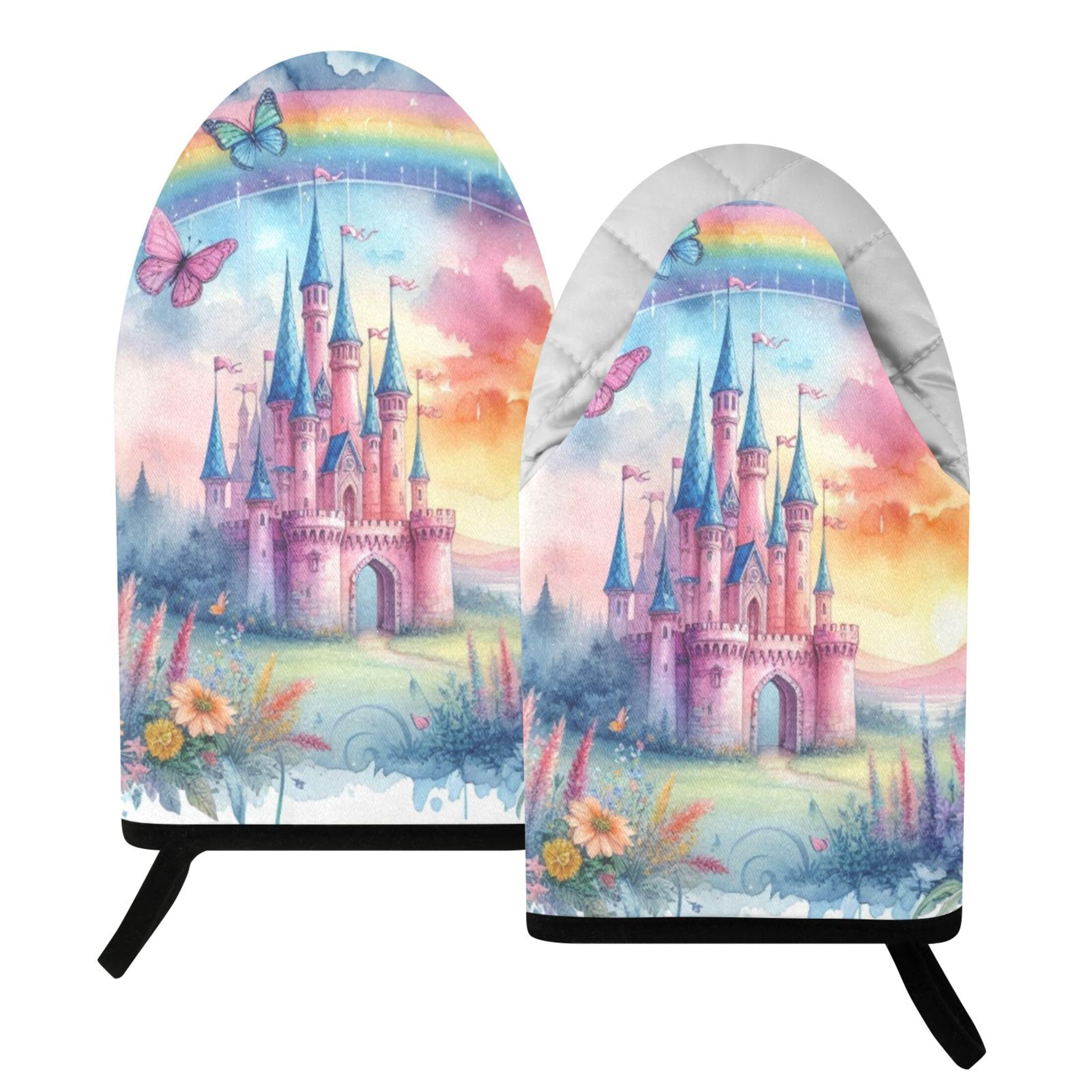 Fuauuyl Oven Mitts Heat Resistant Kitchen Gloves, Watercolor Fairy Castle Classic Oven Gloves with Hanging Loop for Baking BBQ Cooking Grilling, 1 Pair, 9.5 in