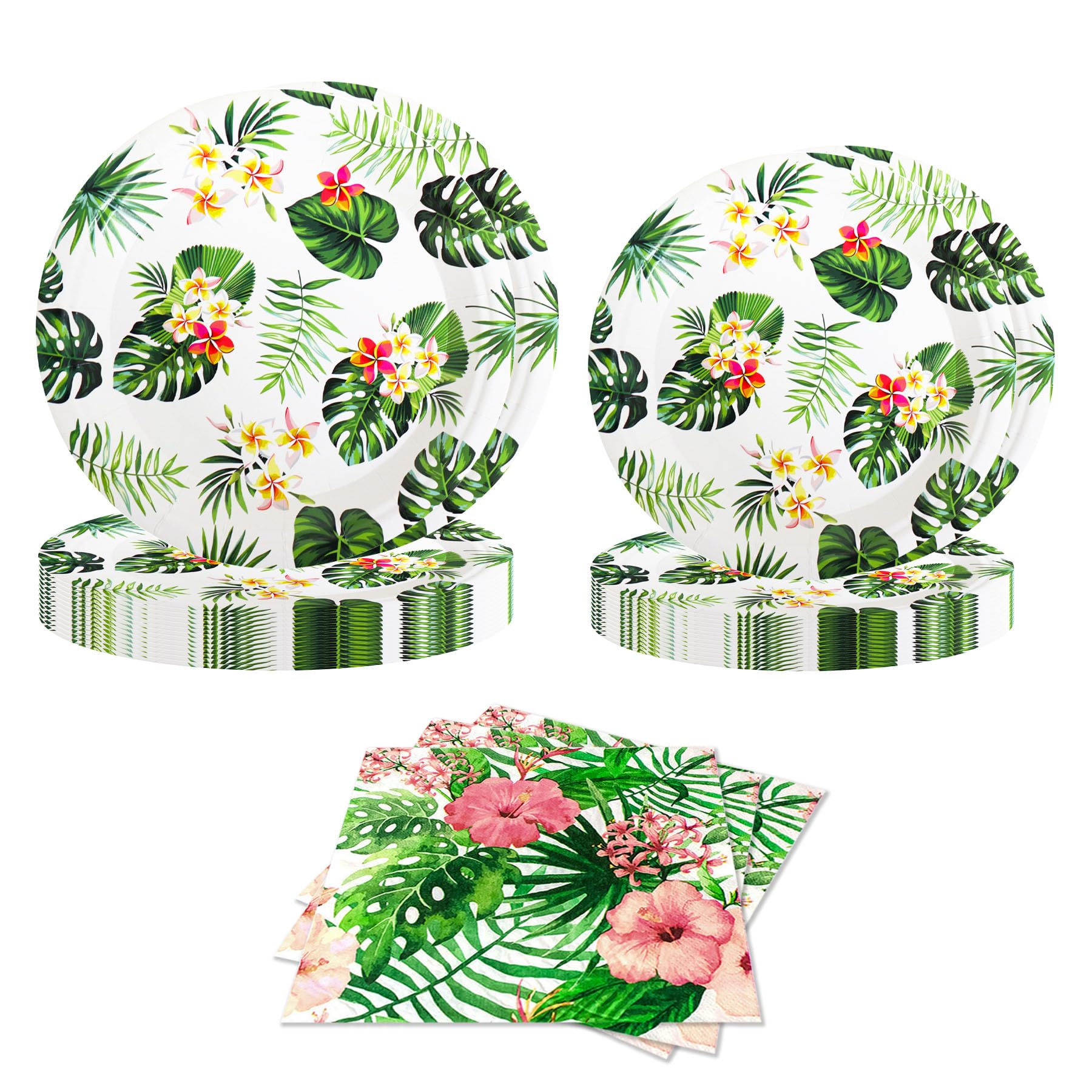BINQOO 40pcs Tropical Green Palm Leaves Tableware Set Summer Party 7inch 9inch Hawaiian Luau Jungle Turtle Leaf Plates Paper Napkins Wild Themed Birthday Baby Shower Plates (40, 7inch+9inch)