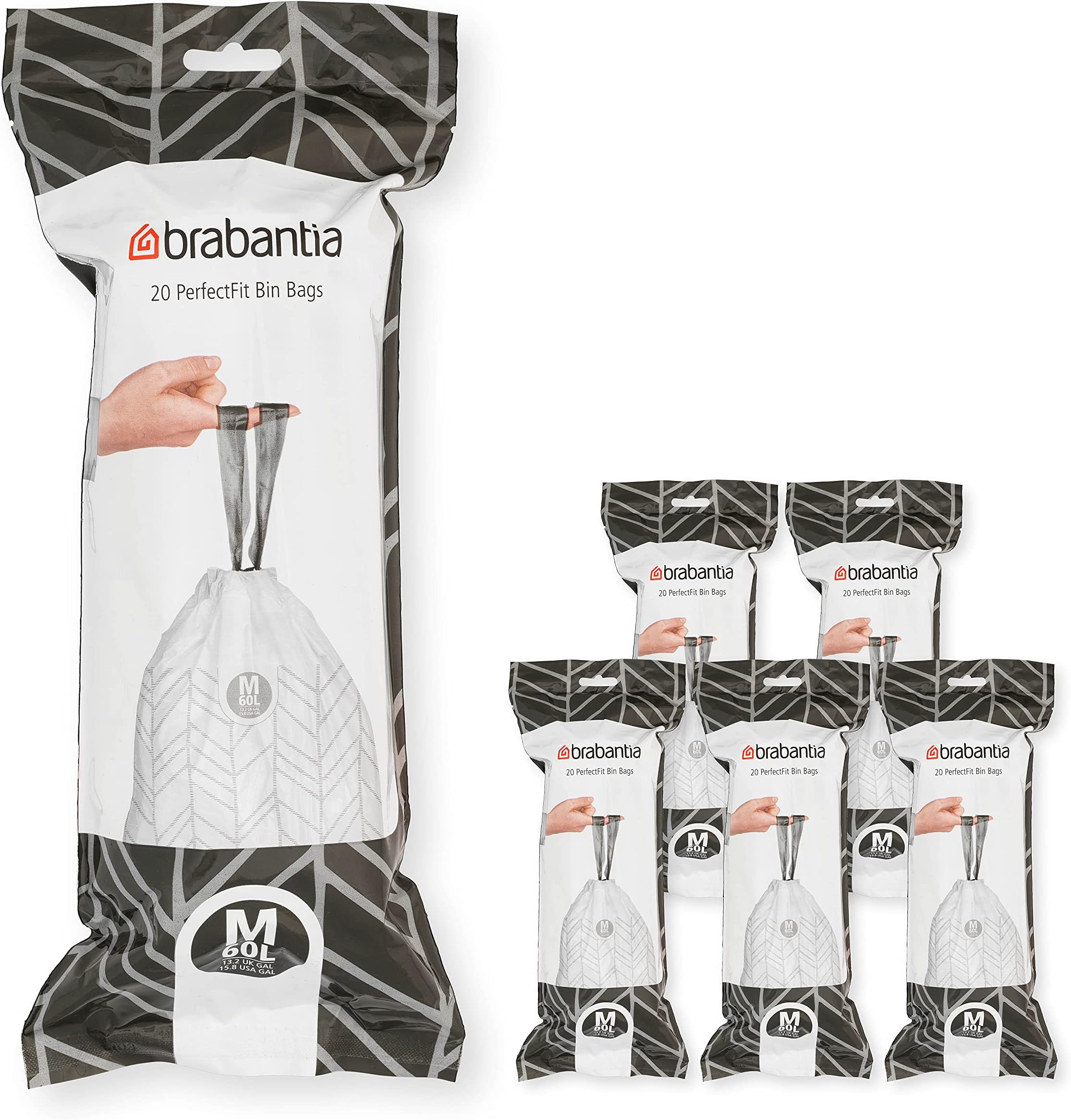 Brabantia 138867 PerfectFit Bin Liners Multipack Thick Plastic Trash Bags with Tie Tape Drawstring Handles (120 Bags), White, (Size M/60 Litre)