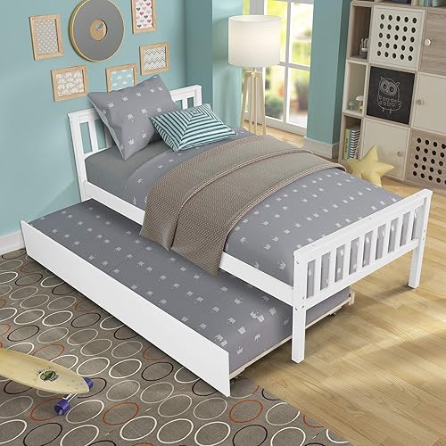 Dolonm Cama de plataforma individual con nido, marco de cama de madera maciza con cabecero, estribo para adolescentes, niños y niñas, no necesita