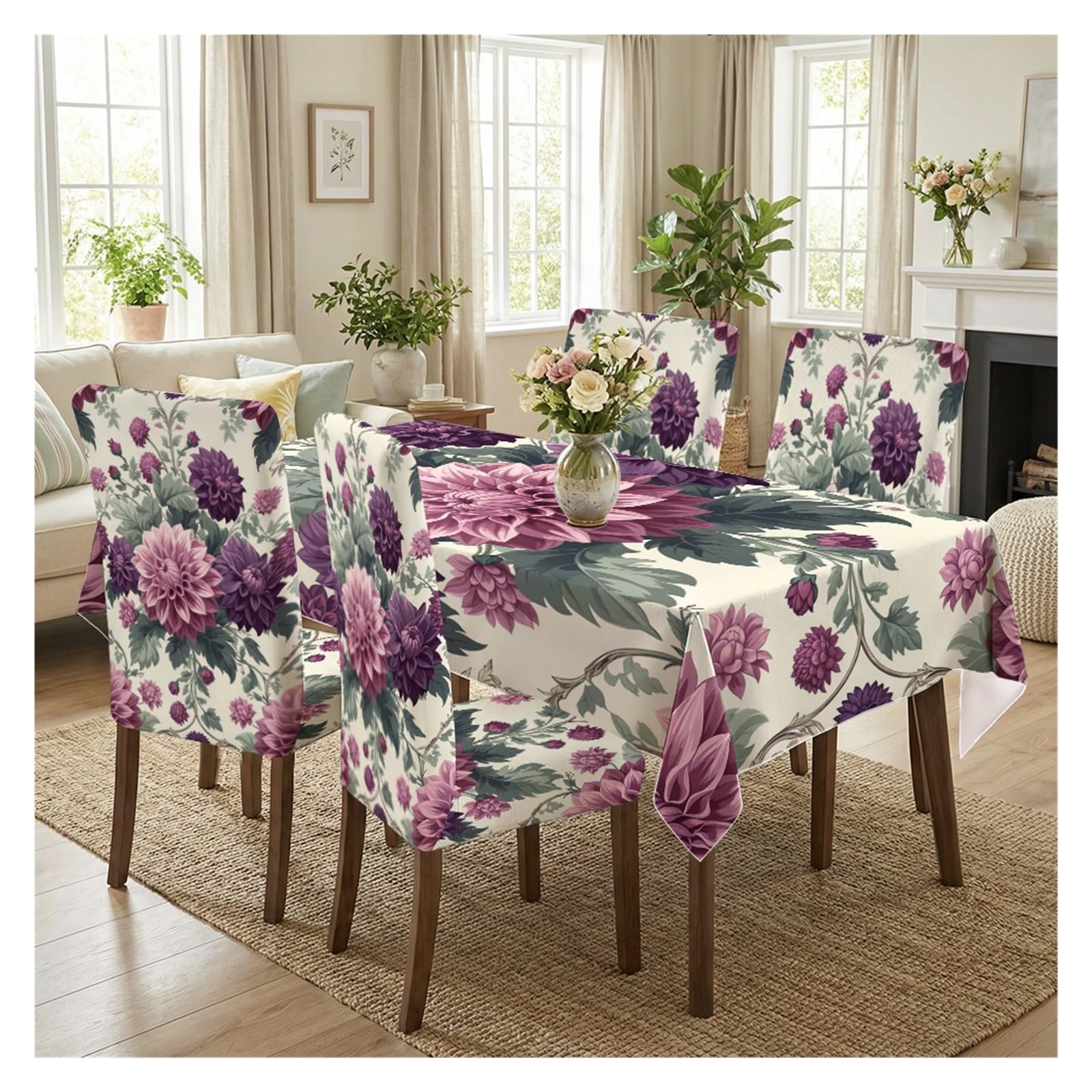 BOSUYBN Vintage Dahlia Peony Floral Printed Dining Tablecloth & Chair Covers Set, 5/7 Piece Elegant Farmhouse Cottage Home Decor Table Setting(5pcs Set: Tablecloth+Chair Covers)