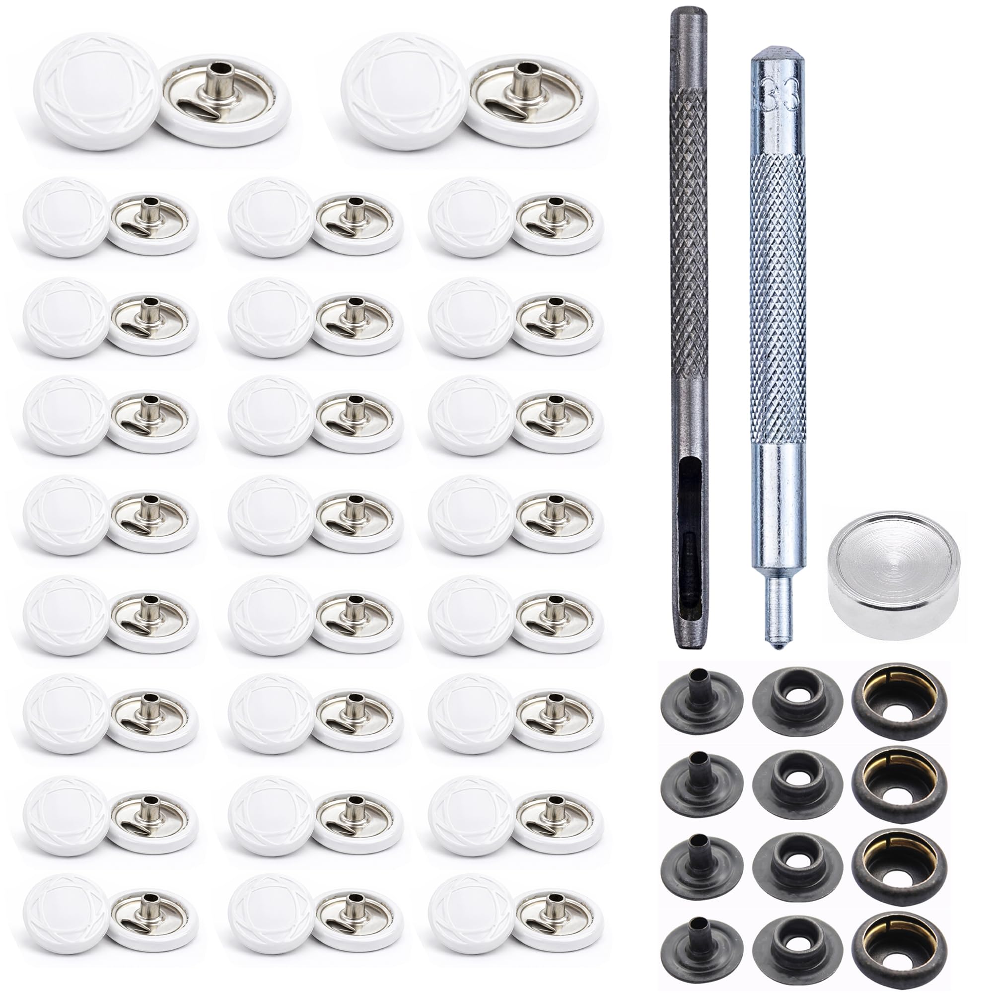 Trimming Shop 15mm Botones a Presión 4 Parte, Durable y Ligero Metal Cierres con Mano Fijación Herramienta para Jeans, Cuero, Tiras Costura Proyectos, Ropa Reparación - Blanco con Diseño, 1000pcs