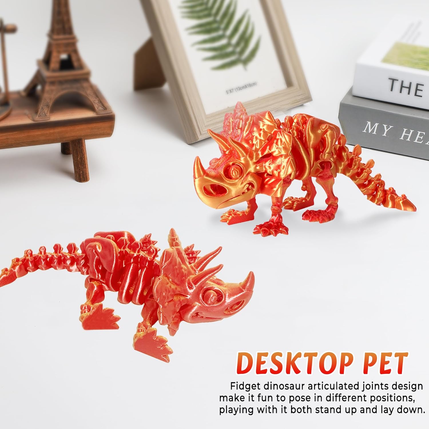 3D Printed Dinosaur, 3D Printed Animals Dragon Fidget Toy Adult Desk, Poseable Dino Skeletons with Articulated Joints, Easter Basket Stuffers, Home Decor, Stress Relief Toy for Autism (Triceratops) - Image 2