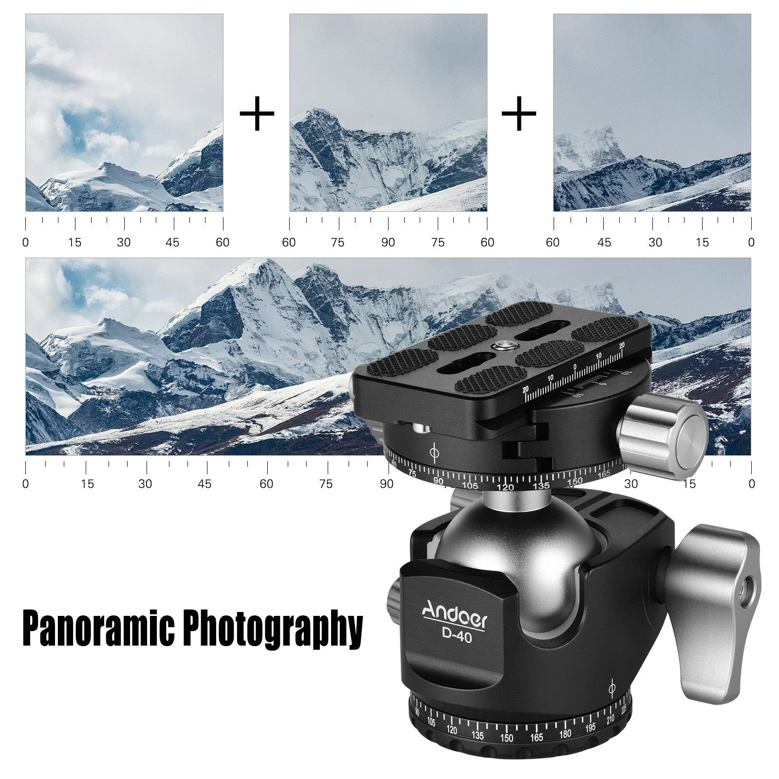 Andoer Testa a sfera panoramica, testa a sfera per fotocamera, design a U, centro di gravità basso, supporto per treppiede, monopiede, fotocamere DSLR-ILDC, portata massima 25 kg