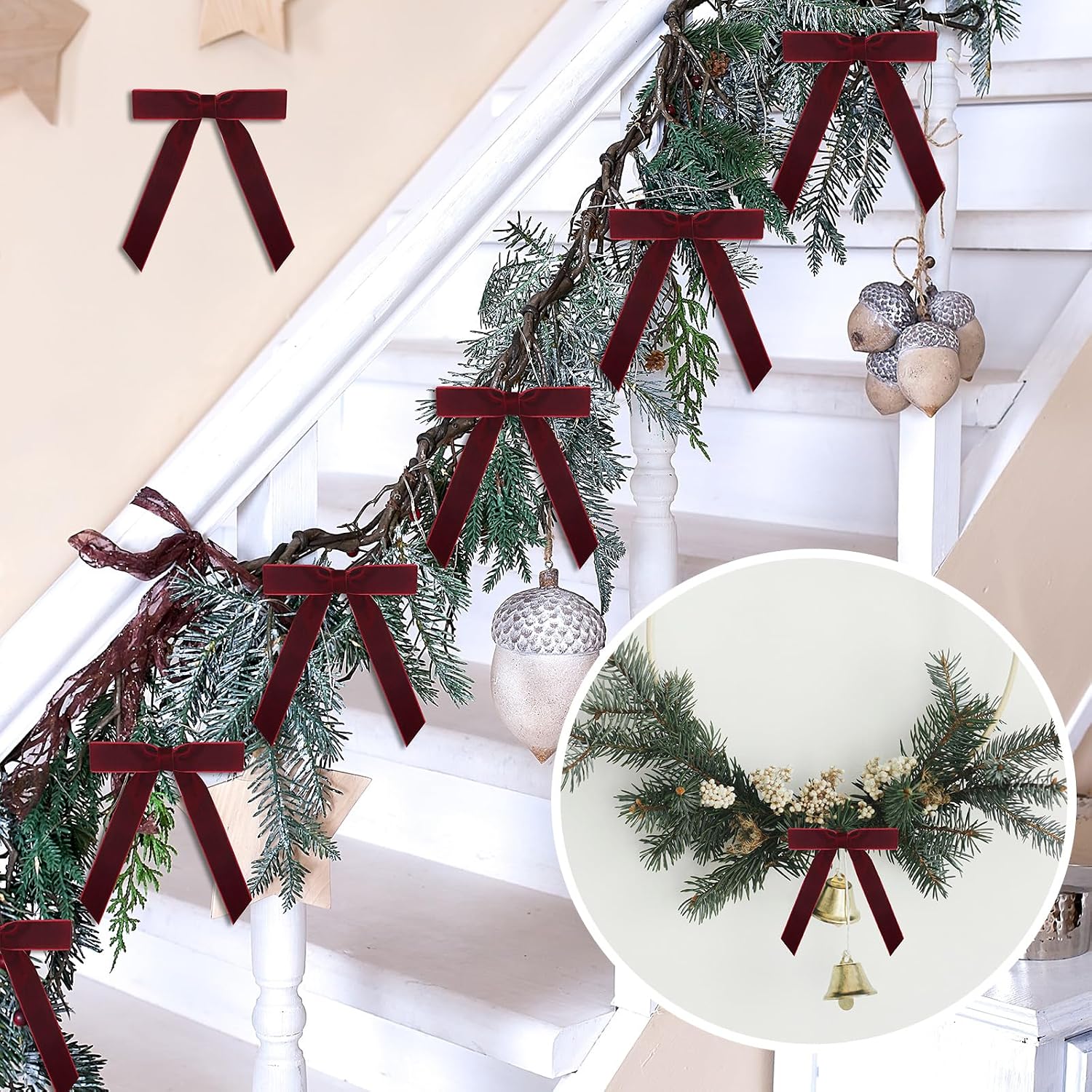 30 Pcs Christmas Velvet Wreath Bow, 5 x 7 Inch Vintage Velvet Ribbon Bows Rustic Crafts Gift Bows for Indoor Outdoor Wreaths Garland Holiday Xmas Tree Wrapping Crafts (Burgundy Red, Width of 1")