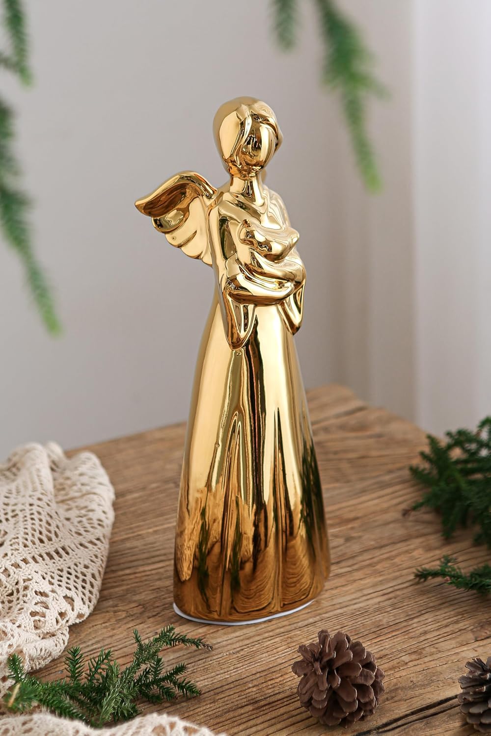 SURE YUESI Statue Sculptures 13.8 Inch Ceramic Angel Figurine, Mid Century Modern Home Decor for Bedroom, Bathroom, Entryway, Bookshelf, Fireplace, TV Stand, Console Table, Dresser Figurines- Gold