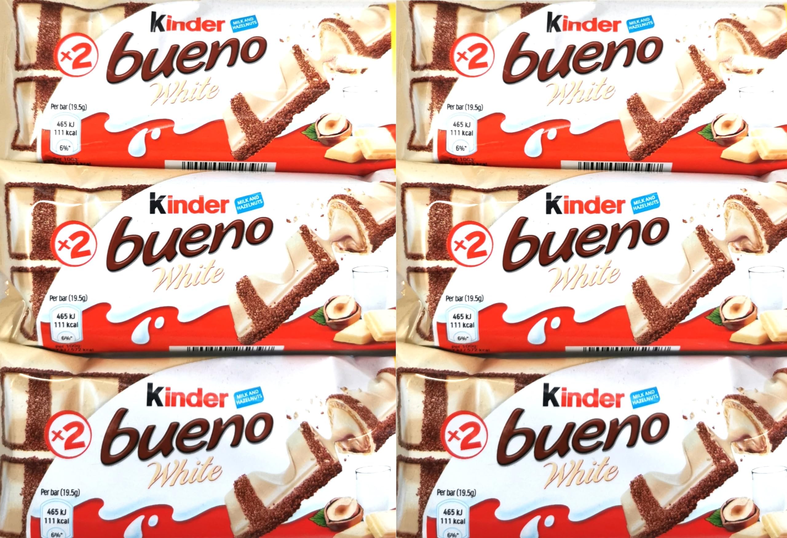 6 Pack - Kinder Bueno White Chocolate Bars (6 x 39g) - White Chocolate Covered Wafer with Smooth Milky and Creamy Hazelnut Filling for Easter, Birthday, All Ocassion Giftby Swiss+