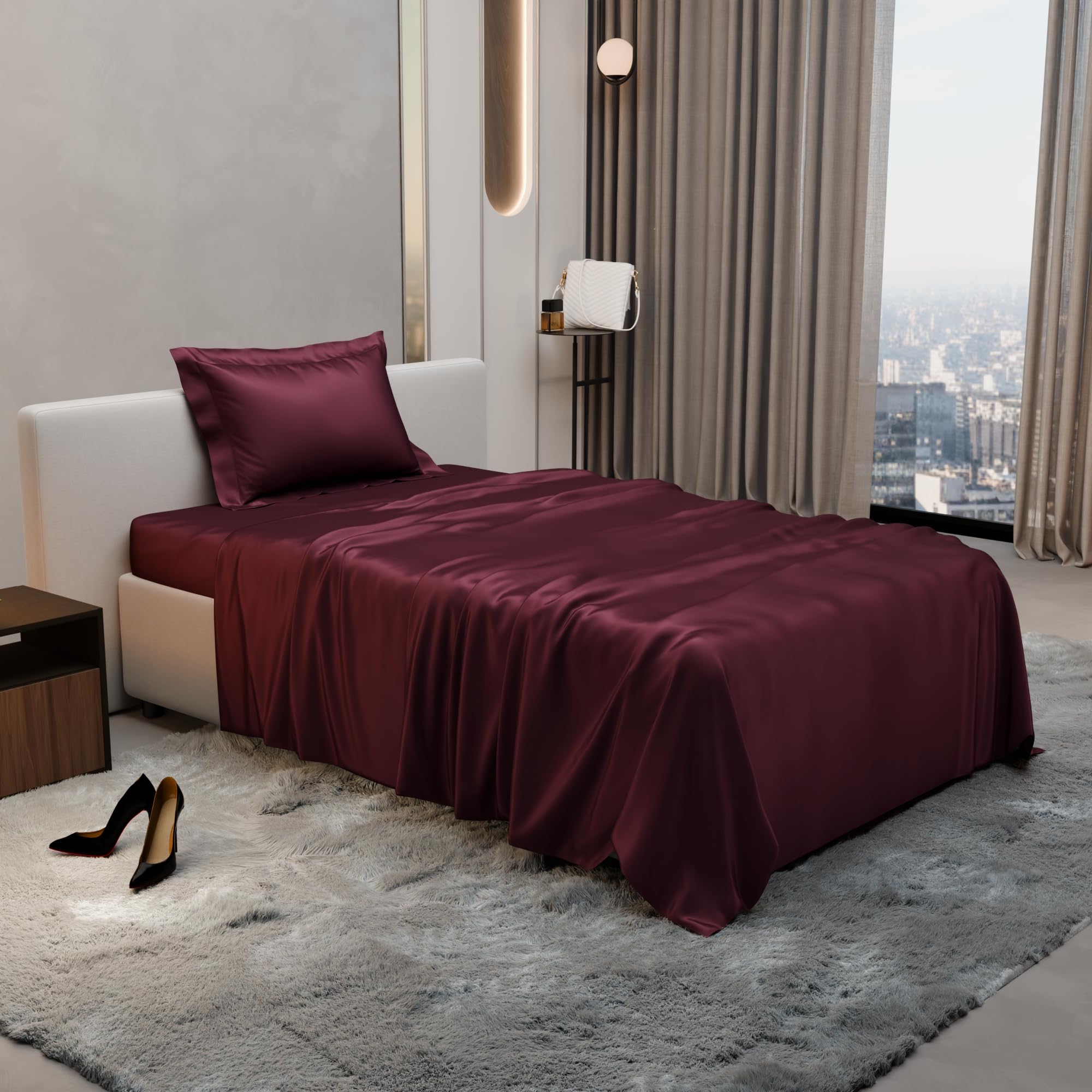 Stoa Paris Single Bedsheet with 1 Pillow Cover, 300TC Satin Premium Bedding Set, Home Decor, Wedding Gift for Couples, Housewarming, Anniversary, Date Night - Velvet Wine