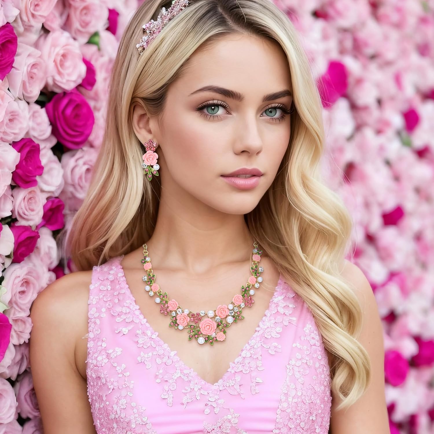 EVER FAITH Costume Jewelry Crystal Simulated Pearl Rose Flower Leaf Prom Party Statement Necklace Earrings Bracelet Set for Women