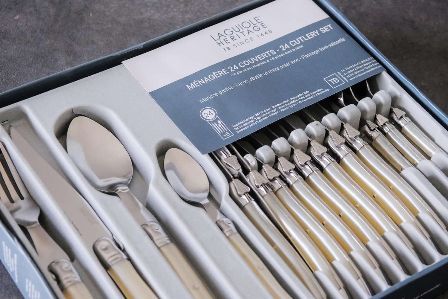 Laguiole Heritage Dinnerware Set; Luxury French Flatware in Premium Stainless Steel with Ergonomic ABS Handles; Features 6 Steak Knives, Forks, Tea/Coffee & Dessert Spoons, Ivory, 24-Piece