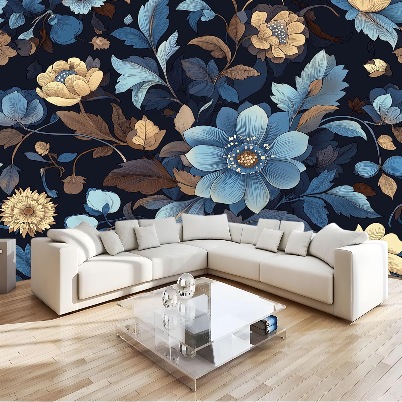 Papier peint intissé floral bleu 3D panoramique haut de gamme pour une décoration murale de salon
