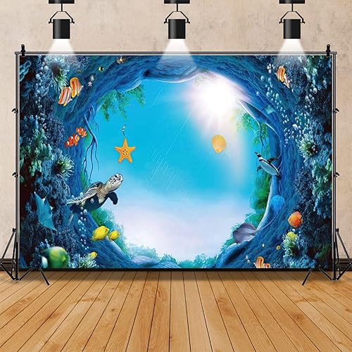 Miniatura 2 de Renaiss Fondo de poliéster bajo el mar de 10 x 7 pies, peces tropicales, tortugas marinas, luz del sol, océano, animales, acuario, fotografía, fondo