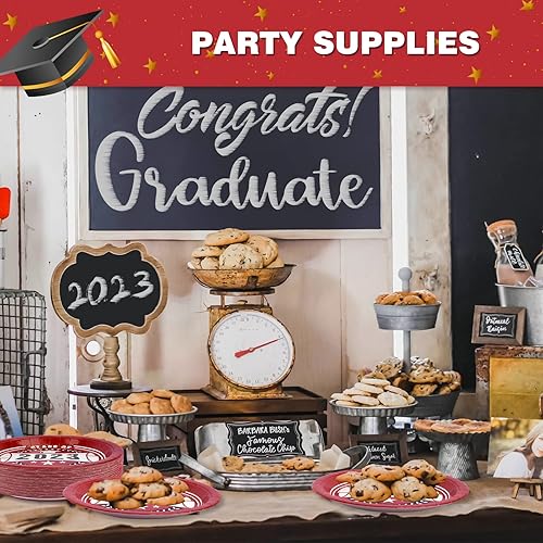 Miniatura 5 de EPHYO 50 platos de papel de graduación, clase de 2023, suministros de fiesta de graduación de felicitaciones rojas, decoraciones desechables, platos