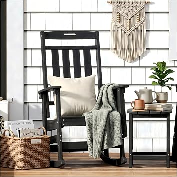 Outdoor Rocking Chair Oversized, HDPE All Weather Resistant Patio Rocker, 31.5" High Back 21.5" Deep Seat Oversized Porch Chairs for Lawn Garden Deck Balcony 400lbs CapacityBlack