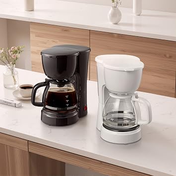 White 5-cup drip coffee maker. Compact coffee brewer for home kitchens and small spaces.