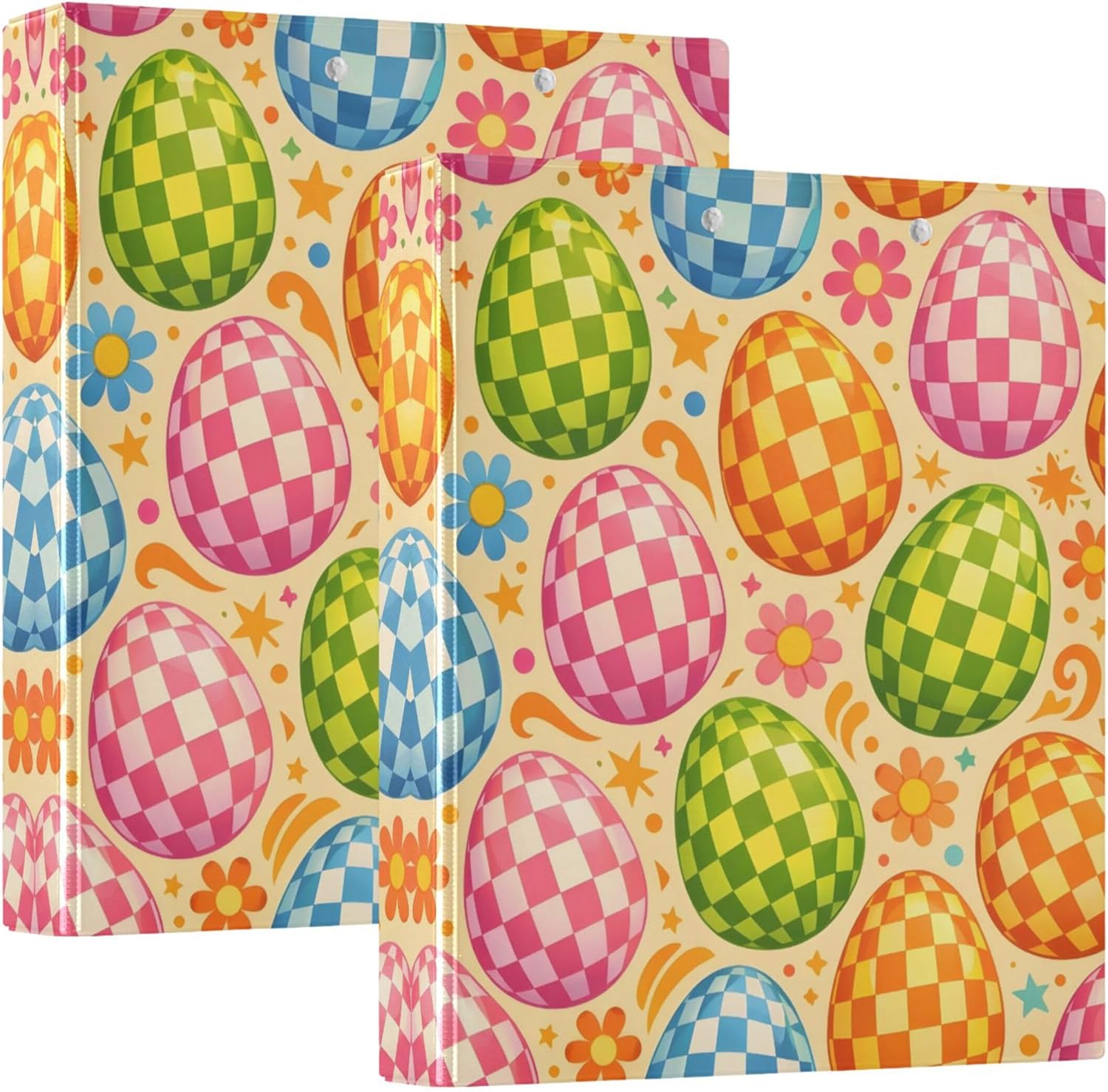 Easter Colorful Checkered Egg 3 Ring Binders, 1.5” Round Ring Binders with Clipboard - Letter Size, 3 Interior PVC Clear Pockets & Anti-Slip Clip for Office School Supplies, 2PCS