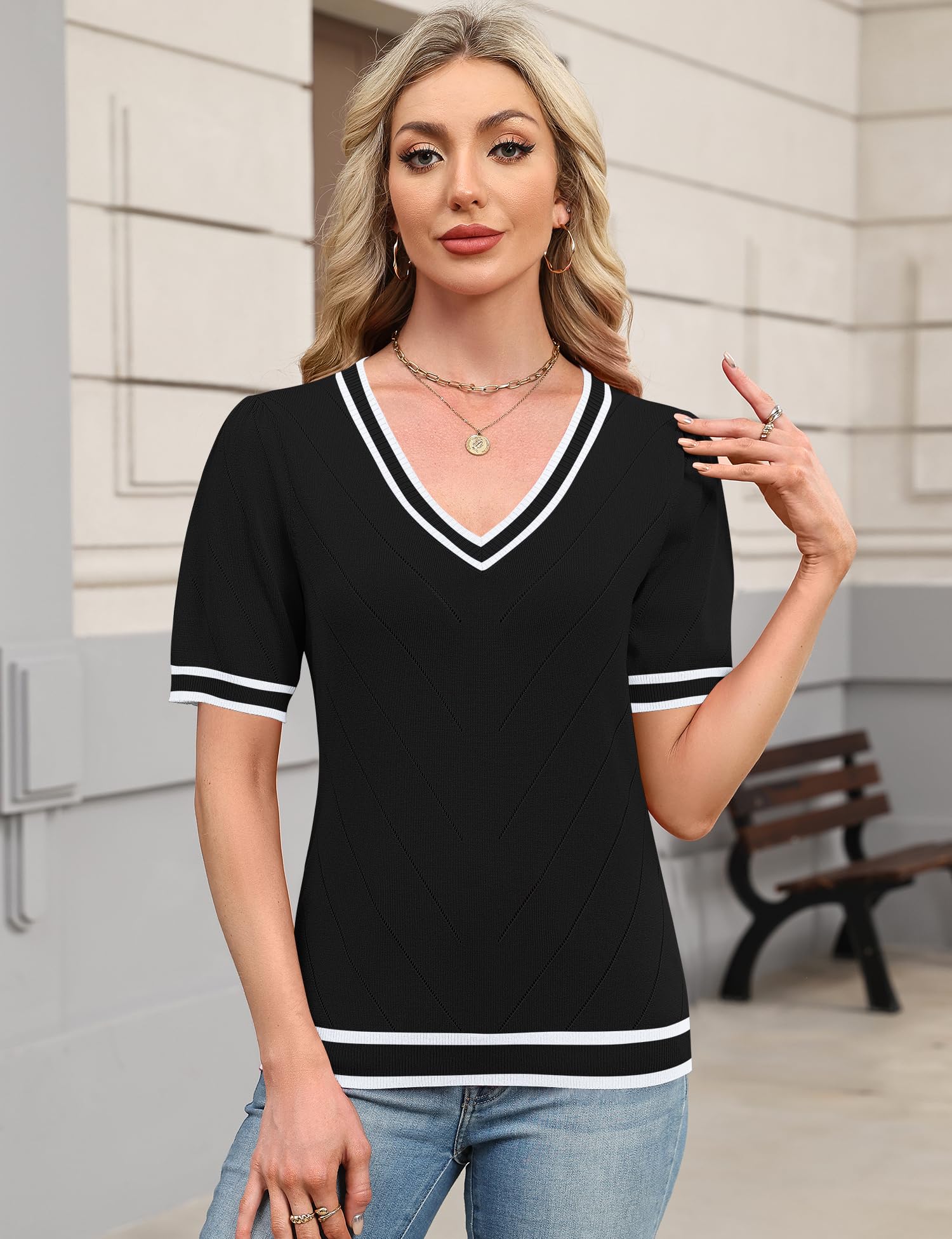 Rapbin Pullover Damen Sommer Elegant Kurzarm Pulli Shirt V Ausschnitt Puffärmel Oberteil Top Leichte Mode Bluse Tshirt