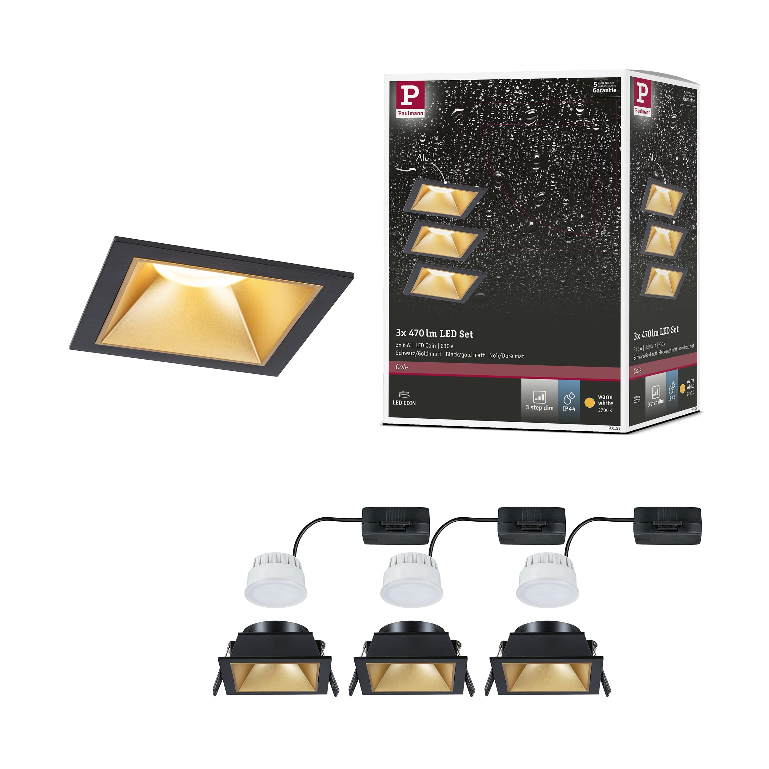 Paulmann 93129 LED recessed luminaire 3-Step dimming Cole IP44 Rectangular 88x88mm Coin 3x6W 3x470lm 230V 2700K Black, Gold matt