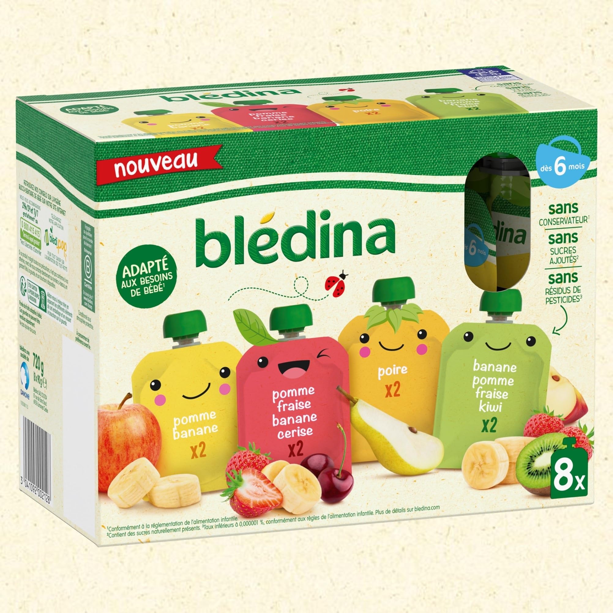 BLÉDINA - Gourdes de Purées de Fruits Bébé - Pomme, Poire, Banane, Fraise, Cerise, Kiwi - dès 6 Mois - 32 x 90 g
