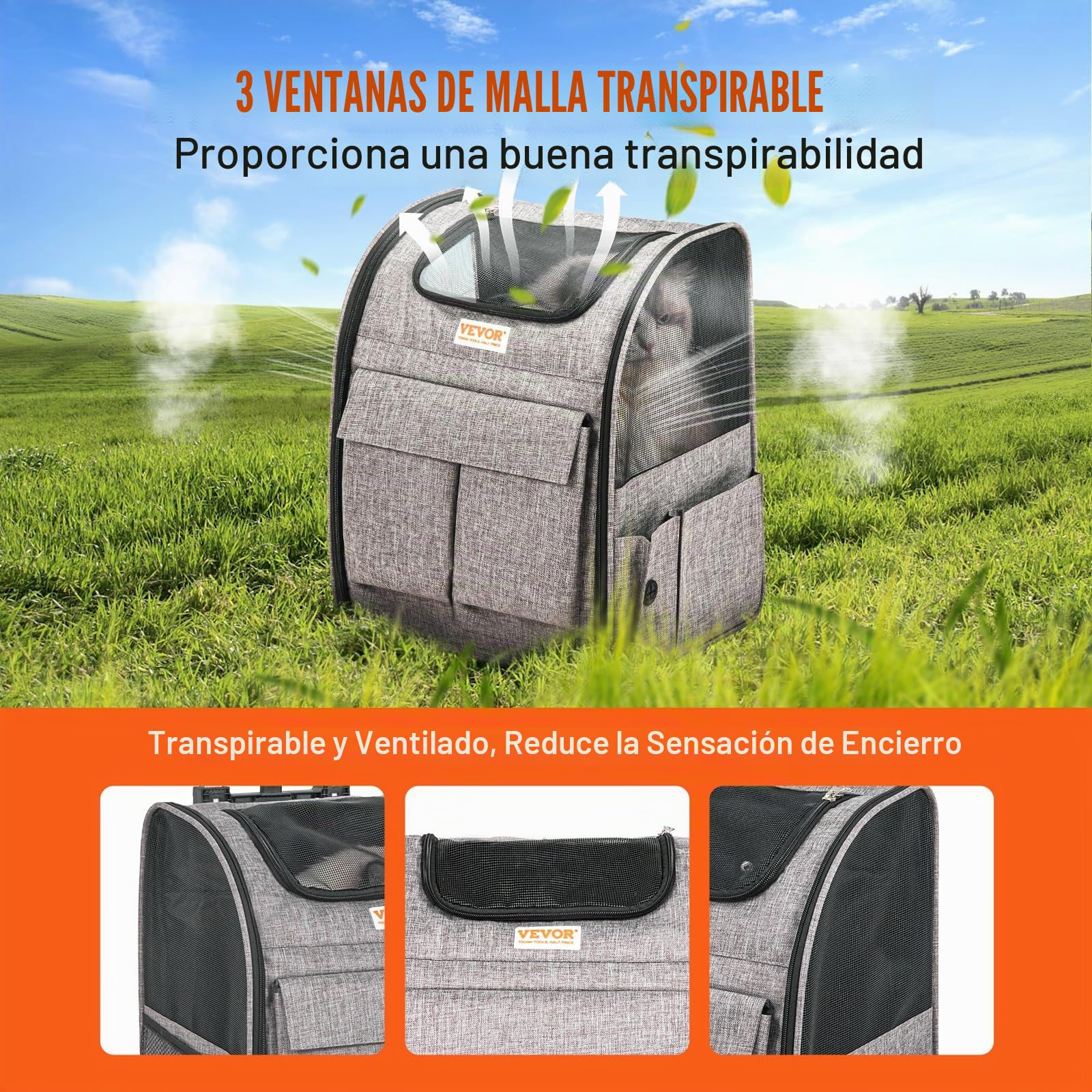VEVOR Transportín para Mascotas con Ruedas Carga de 8,1 kg Maleta para Gatos 34x28x42 cm Transportador para Mascotas con Asa Telescópica Correa para Hombro Cremallera con Autocierre para Perros, Gris