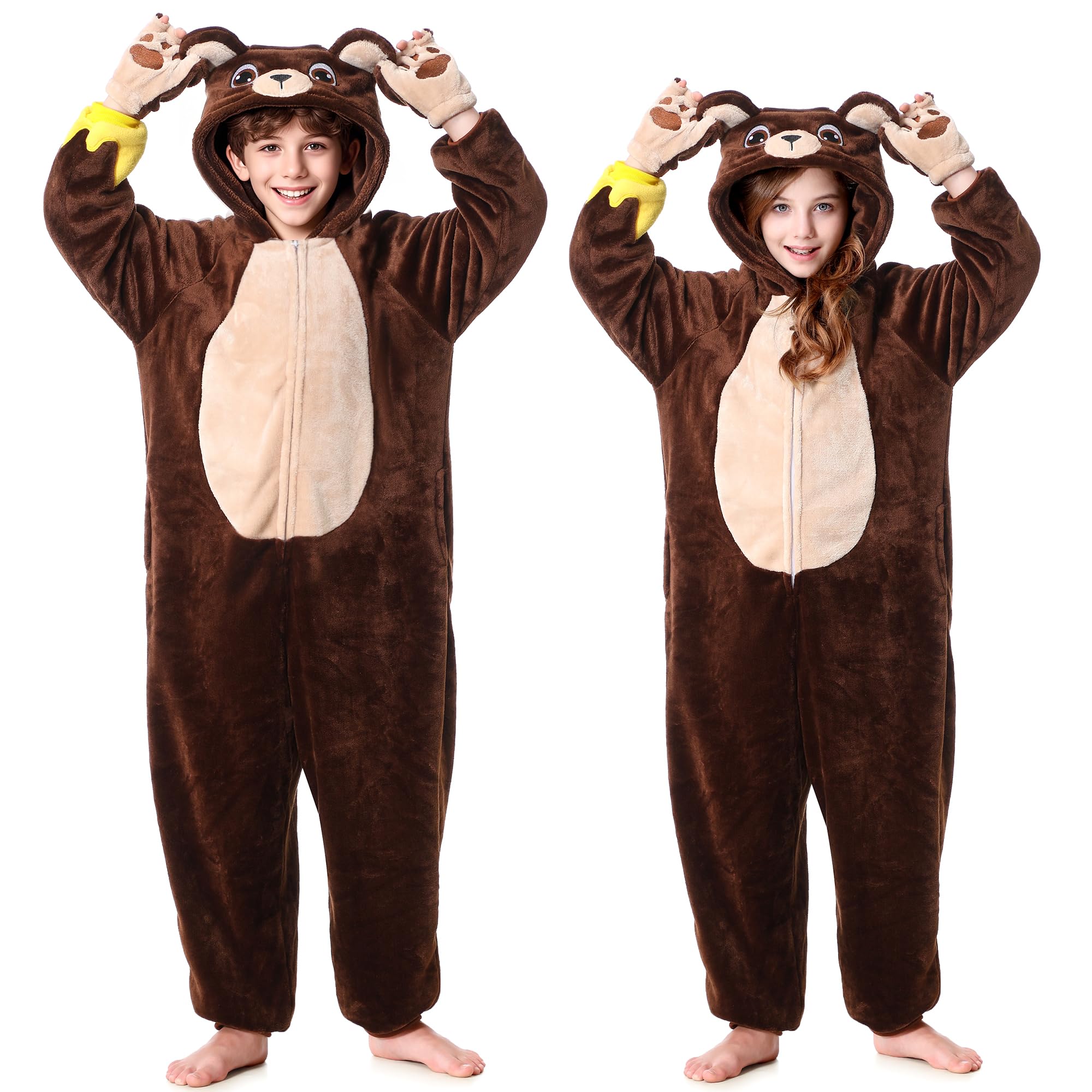 TIMSOPHIA Brown Bear Costume Kids, Girls Boys Flannel Plush Animal Bear Onesie for Halloween Christmas Cosplay