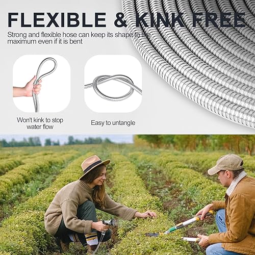 Miniatura 4 de SPECILITE Manguera de agua de jardín de acero inoxidable de 100 pies, tubo flexible y ligero, manguera de agua de metal resistente no expandible con