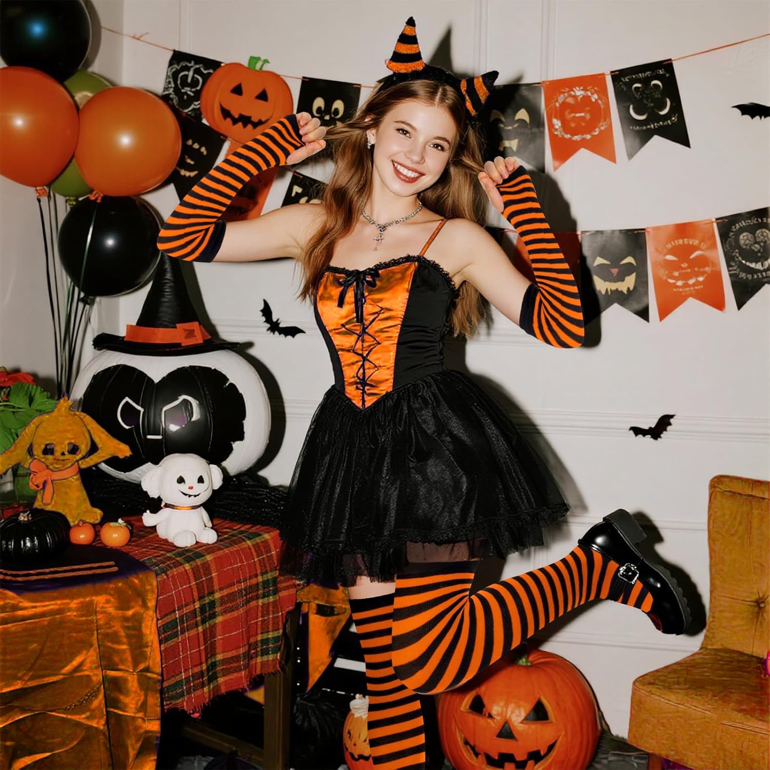 Tongcloud Women's Striped Knee High Socks, Over Knee Thigh High Socks, Arm Warmer and Fingerless Gloves Set - Image 6