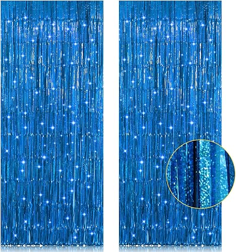 Paquete de 2 cortinas de flecos de papel de aluminio azul de 3.2 x 8.2 pies, decoración de fiesta, cortinas metálicas de oropel para pared, cortinas