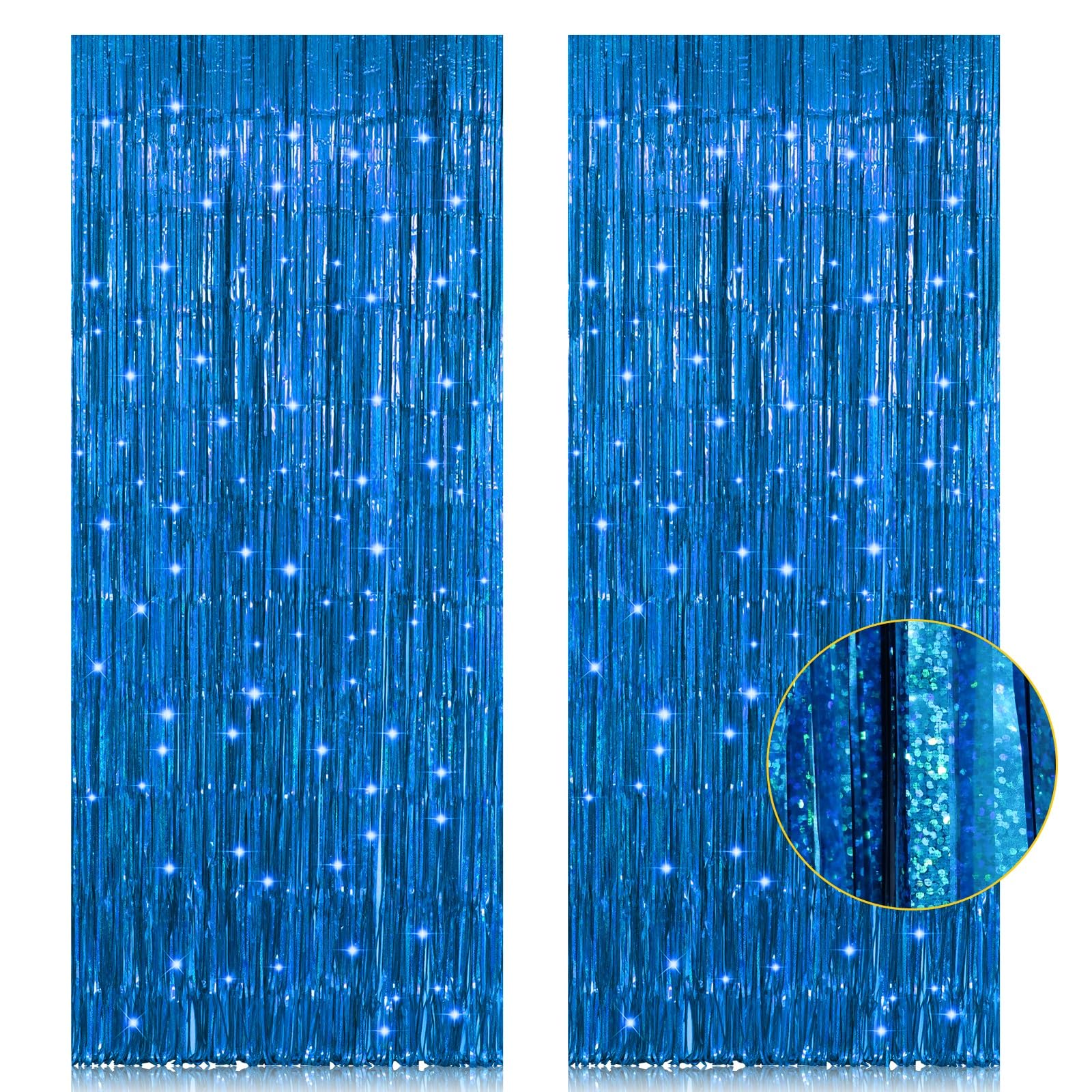 2 Pack 3.2ft x 8.2ft Blue Foil Fringe Curtains Photo Backdrop | Metallic Tinsel Foil Fringe Streamer Curtain for Party Door Wall Curtain Bachelorette Christmas New Year Party Decorations