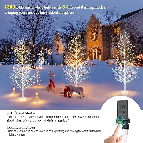 Miniatura 2 de 6 pies Árbol de abedul encantador con 1300 luces LED, árbol de Navidad blanco centelleante con temporizador IP44 impermeable para decoraciones de