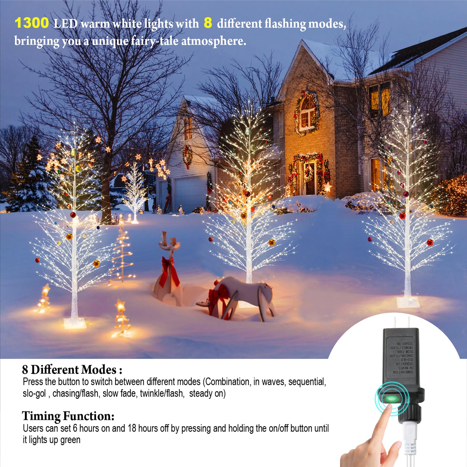 Lituplife 6FT Enchanting Birch Tree with 1300 LED Lights, Twinkle Light White Christmas Tree with Timer IP44 Waterproof for Indoor Outdoor Festival Wedding Party Christmas Decorations