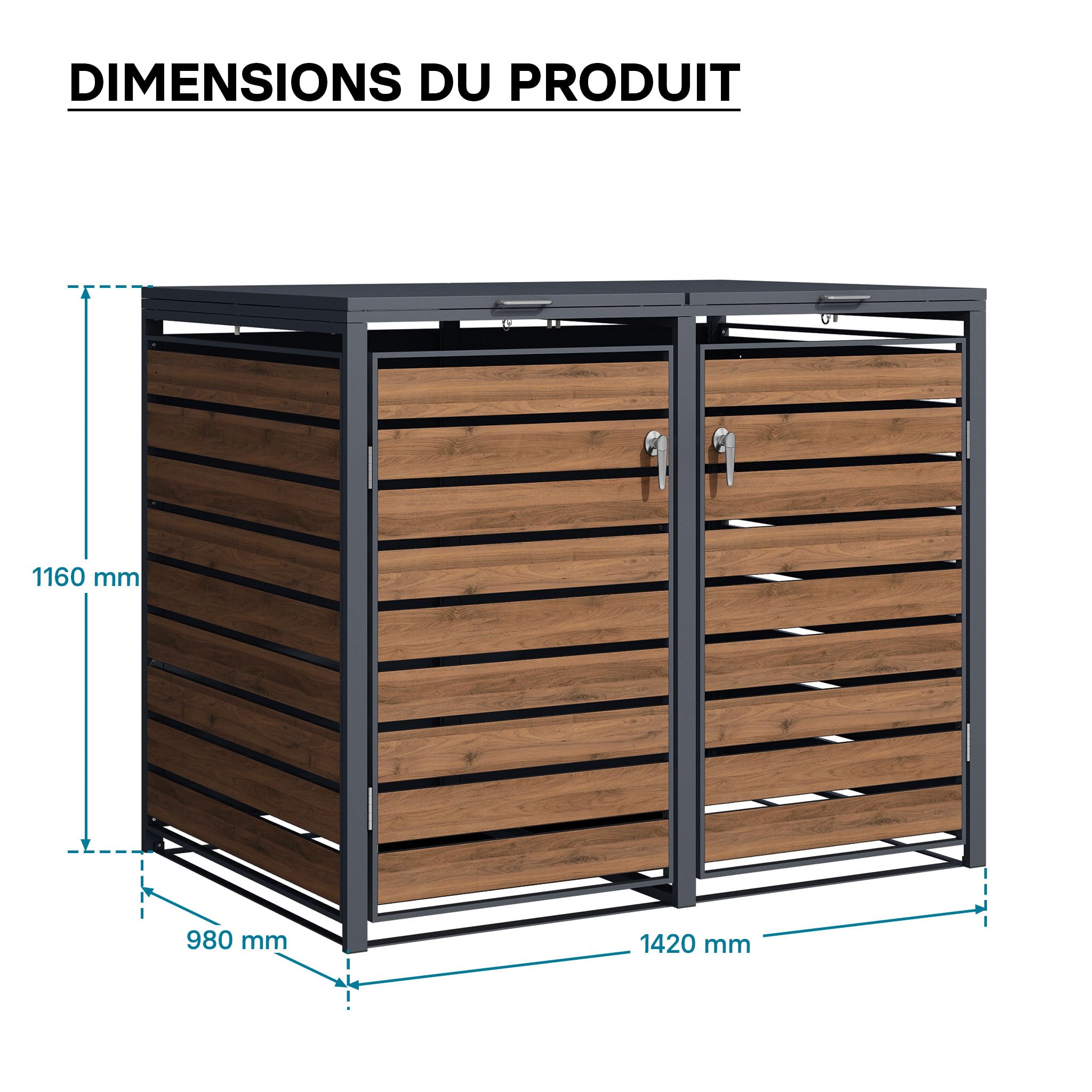 Wiltec Abri de Poubelle Double – 1420 x 980 x 1160 mm – pour Deux poubelles de 60 à 240 L – Design Bois – en Acier – avec Couvercle à carnière – Range Coffre Poubelle verrouillable