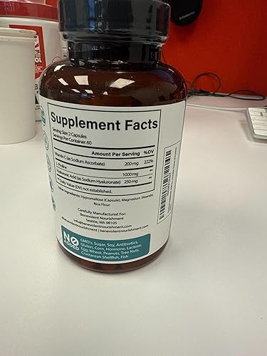 Miniatura 3 de Suplementos de ácido hialurónico premium de 250 mg - con 200 mg de vitamina C y 1000 mg L de prolina, sin OMG 120 cápsulas, antienvejecimiento,