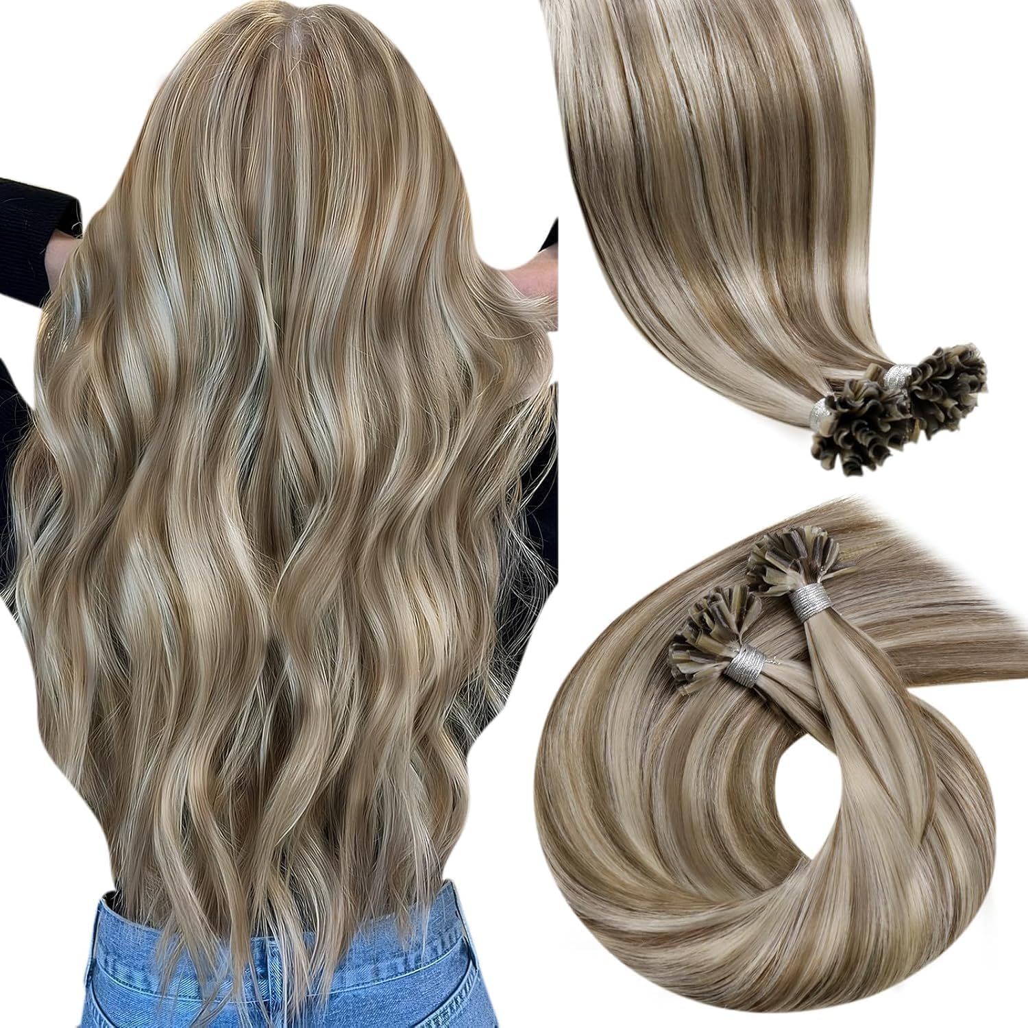Totale 90g Extension Capelli Veri Cheratina con Extension Nano Capelli Veri Marrone Chiaro con Biondo Highlighted 35cm con 40cm