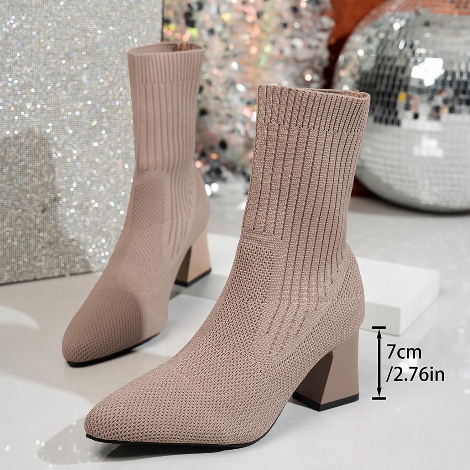 Women Sock Booties Fall Winter Stretch Knit Boot Slim Fit Sexy Mid Calf Shoe Pointed Toe Chunky Low Heel Shoes