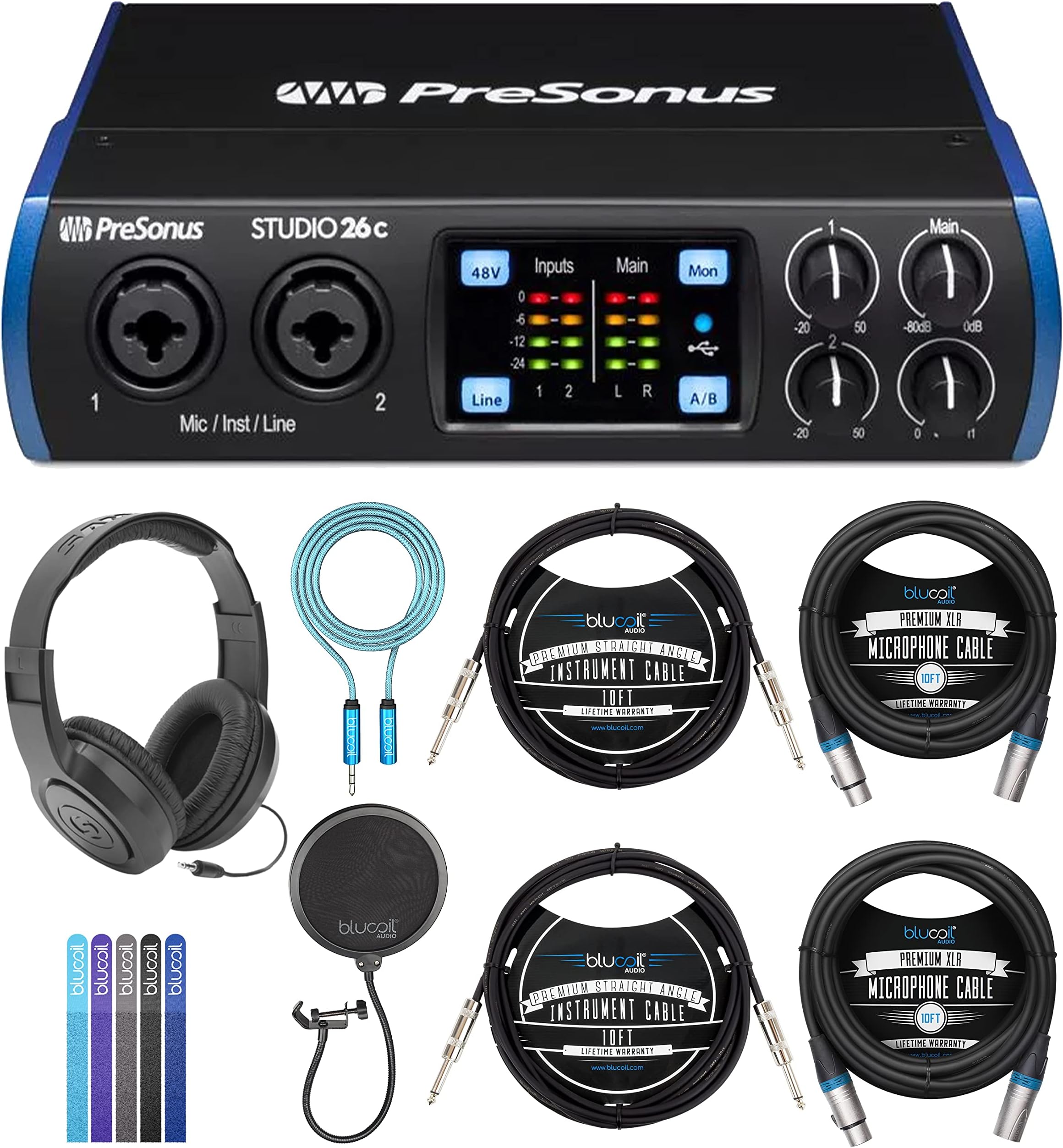 PreSonus Studio 26c USB Audio Interface Bundle with Blucoil 2x 10' XLR and Straight Instrument Cables (1/4"), Pop Filter, 6' 3.5mm Audio Extension Cable, 5x Cable Ties, and Samson SR350 Headphones