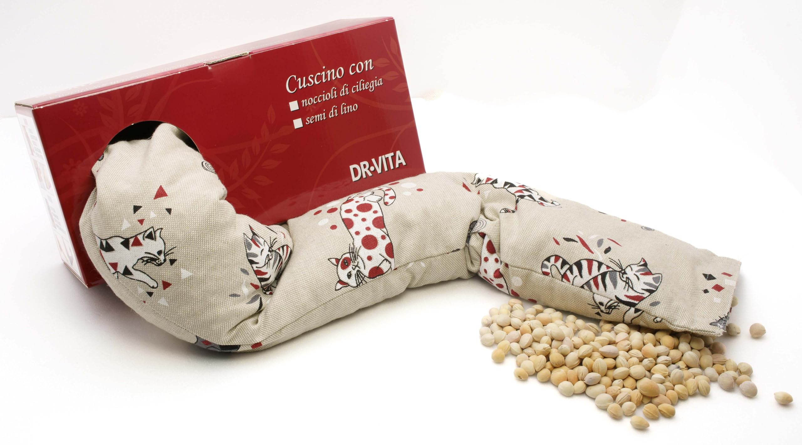 Cuscino lungo con noccioli di ciliegia per dolori cervicale con gatti pitagora 900g.