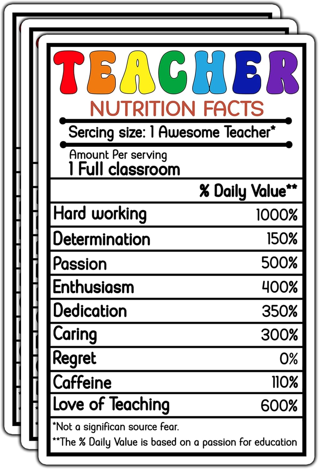 (3Pcs) Teacher Nutrition Facts Sticker Funny Teacher Appreciation Stickers Humorous Teaching Decorative Waterproof Vinyl Decal for Tumbler Water Bottle Laptop Phone Case Notebook Size 1.9x3 Inches
