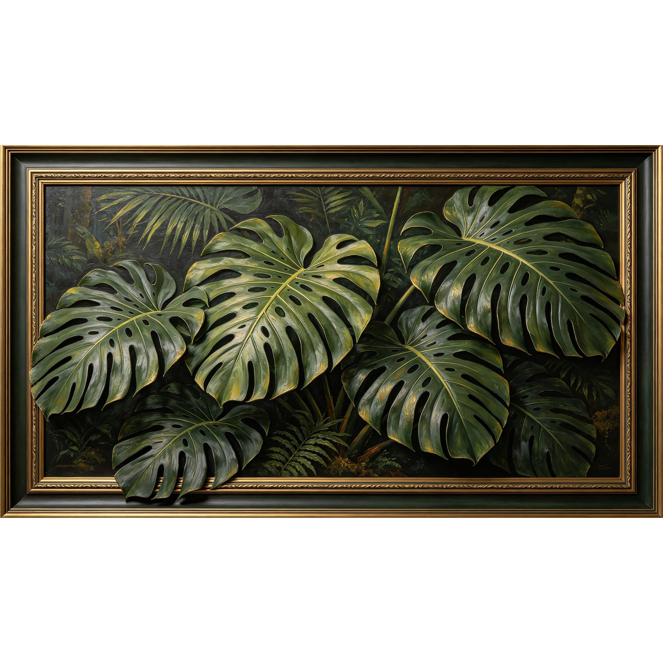 QZLITHOTIC 50×100cm 3D Framed Wall Art， Tropical Monstera Jungle Botanical Self?Adhesive Mural， Water?Activated Peel & Stick Fabric Decor Wall Decal for Bedroom Living Room
