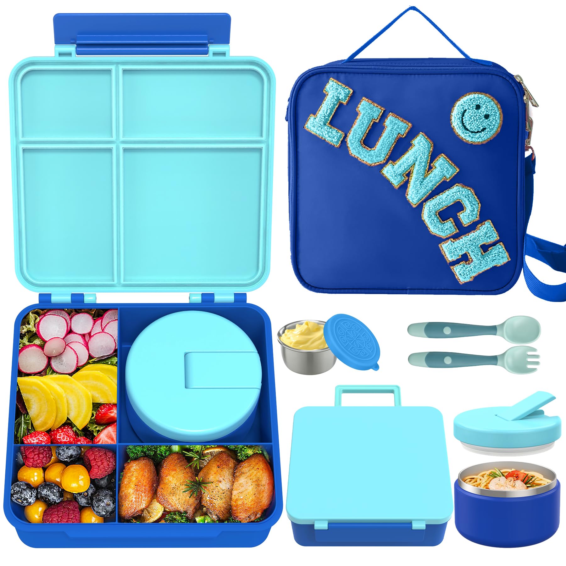 Kids Bento Lunch Box with 8oz Soup Thermo, Kids Leakproof Lunch Food Containers with 4 Compartment,Insulated Hot Food Jar with Lunch Bag for School, Travel (Blue)