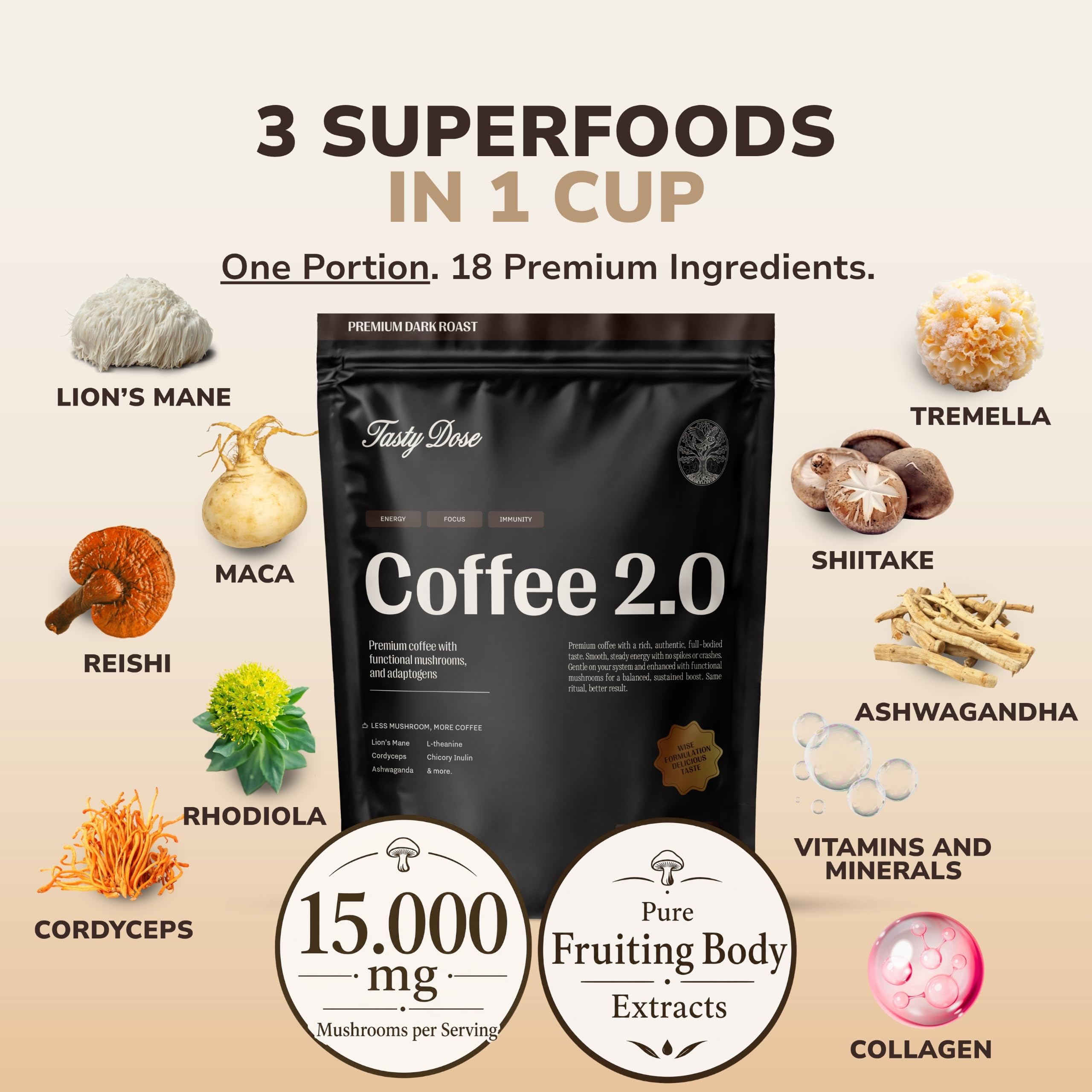 Tasty Dose 's Coffee 2.0 Dark Roast 2 Funghi Vitali (Lion's Mane, Cordyceps) + Ashwagandha + L-Teanina, Integratore Alimentare, Caffè Funghi Instant con MCT, 38 Porzioni, 210g