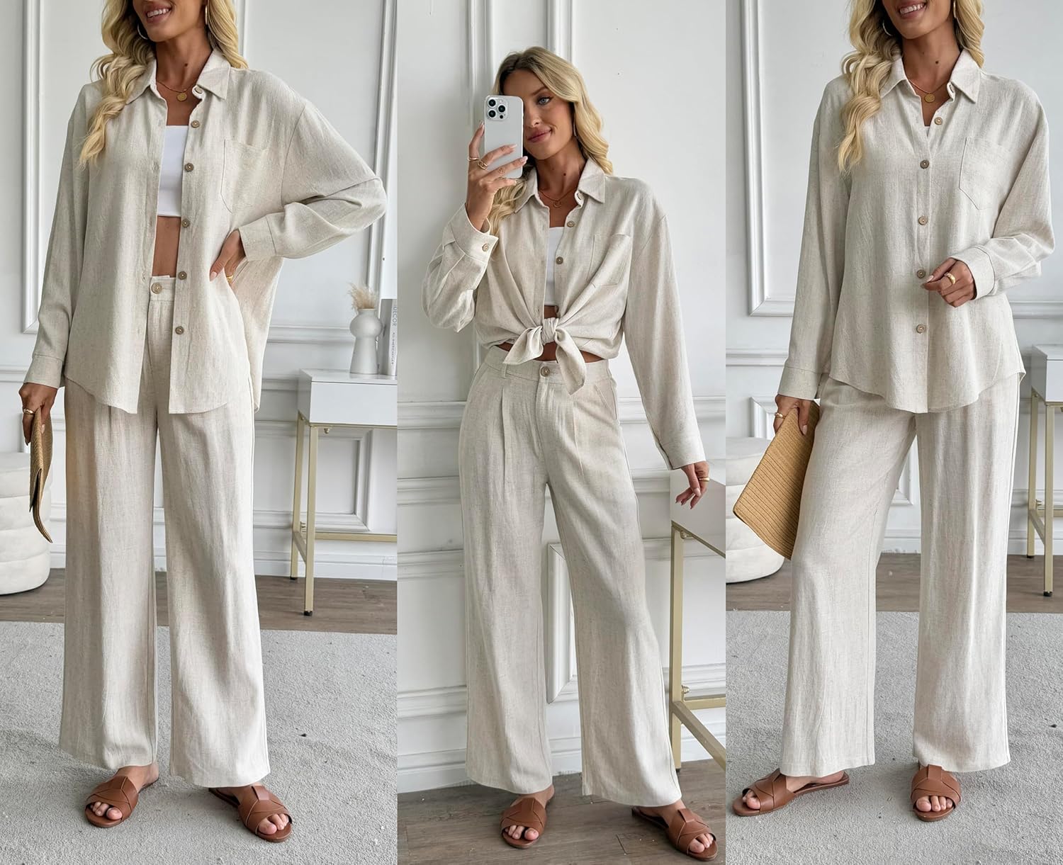 heipeiwa Women's Linen Button Down Shirts Long Sleeve Casual Loose Collared Blouses Summer Vacation Tunic Tops - Image 2