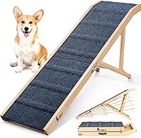 2026 Upgraded 64" Foldable Dog Ramp for Bed & Car - Adjustable 24-30" Heights, 220LBS Wood Pet Ramp for Small Large Dogs w/ Non-Slip Platform