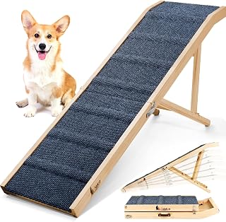 2026 Upgraded 64" Foldable Dog Ramp for Bed & Car - Adjustable 24-30" Heights, 220LBS Wood Pet Ramp for Small Large Dogs w/ Non-Slip Platform